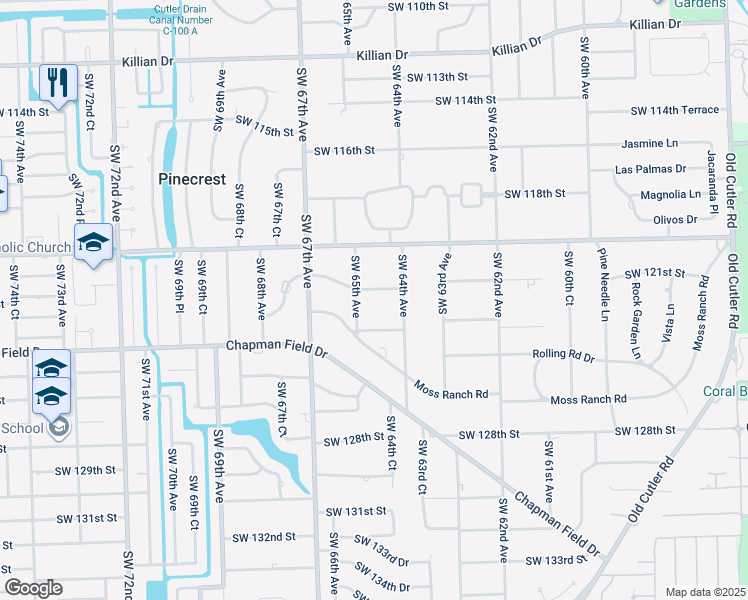 map of restaurants, bars, coffee shops, grocery stores, and more near 6490 Southwest 122nd Street in Miami