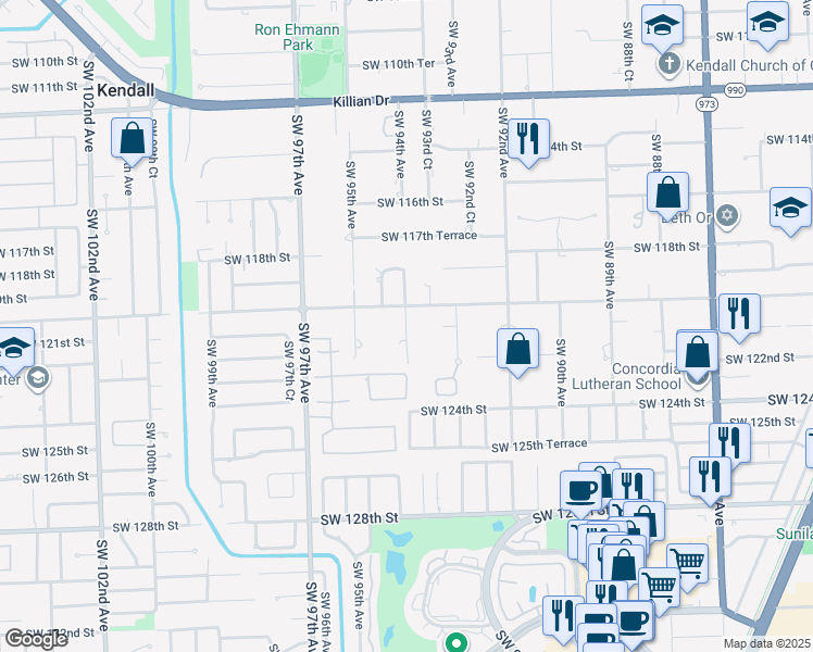 map of restaurants, bars, coffee shops, grocery stores, and more near 12101 SW 94 Ave in Miami