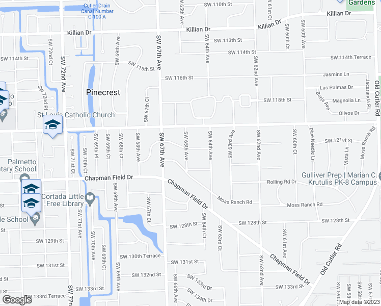 map of restaurants, bars, coffee shops, grocery stores, and more near 6490 Southwest 122nd Street in Miami