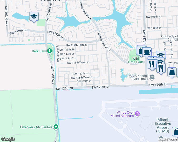 map of restaurants, bars, coffee shops, grocery stores, and more near 11761 Southwest 152nd Path in Miami
