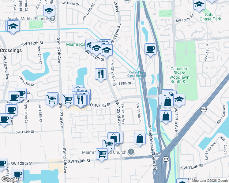 map of restaurants, bars, coffee shops, grocery stores, and more near 11925 Southwest 122nd Court in Miami