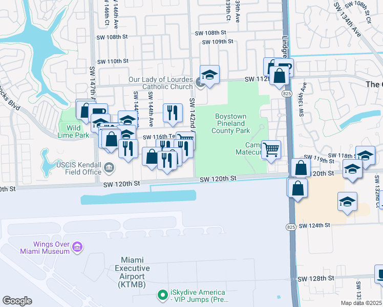 map of restaurants, bars, coffee shops, grocery stores, and more near 14202 Southwest 117th Terrace in Miami