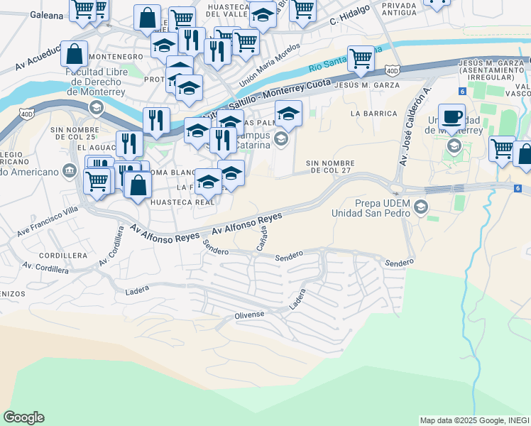 map of restaurants, bars, coffee shops, grocery stores, and more near 901 Avenida Alfonso Reyes in San Pedro Garza García