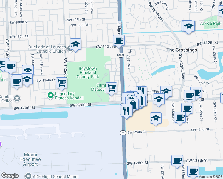 map of restaurants, bars, coffee shops, grocery stores, and more near 11780 Southwest 138th Avenue in Miami