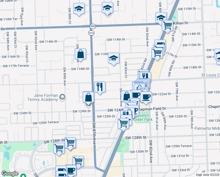 map of restaurants, bars, coffee shops, grocery stores, and more near 8528 Southwest 121st Street in Miami