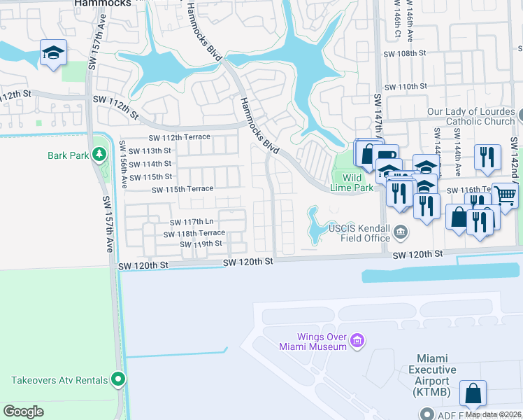 map of restaurants, bars, coffee shops, grocery stores, and more near 11743 Southwest 151st Place in Miami