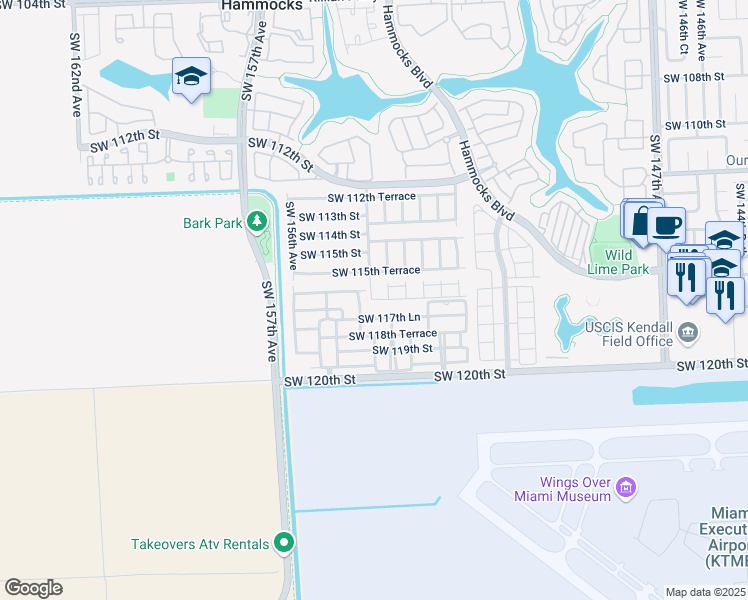 map of restaurants, bars, coffee shops, grocery stores, and more near 15506 SW 117th St in Miami