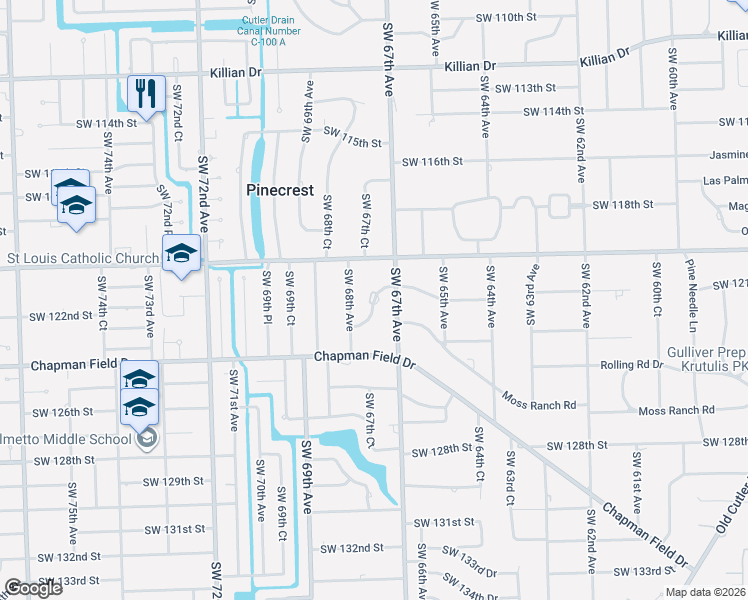 map of restaurants, bars, coffee shops, grocery stores, and more near 12250 Southwest 67th Avenue in Miami