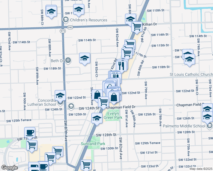 map of restaurants, bars, coffee shops, grocery stores, and more near 12098-12180 South Dixie Highway in Kendall