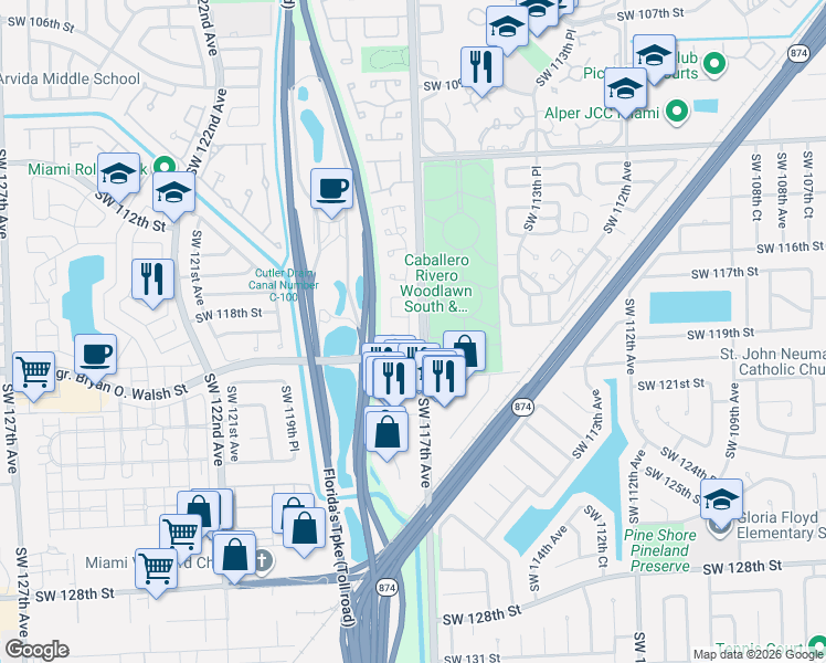 map of restaurants, bars, coffee shops, grocery stores, and more near 11937 Southwest 117th Court in Miami