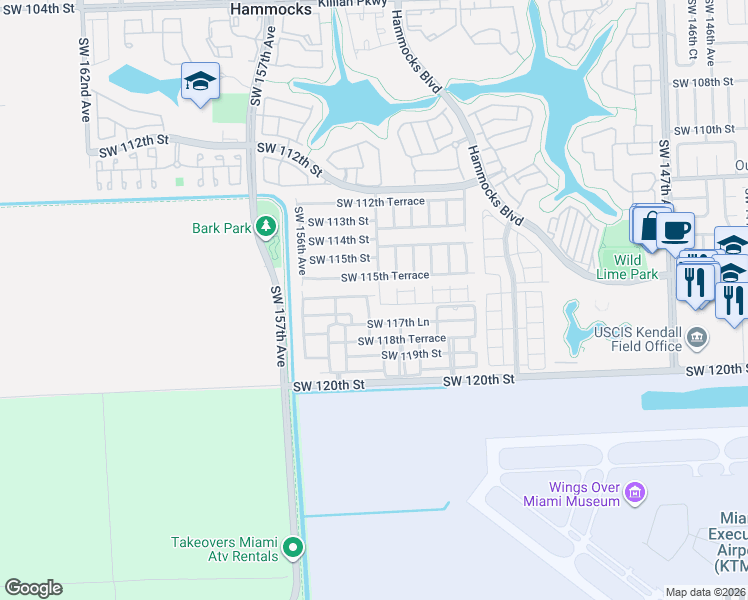 map of restaurants, bars, coffee shops, grocery stores, and more near 11765 Southwest 154th Court in Miami