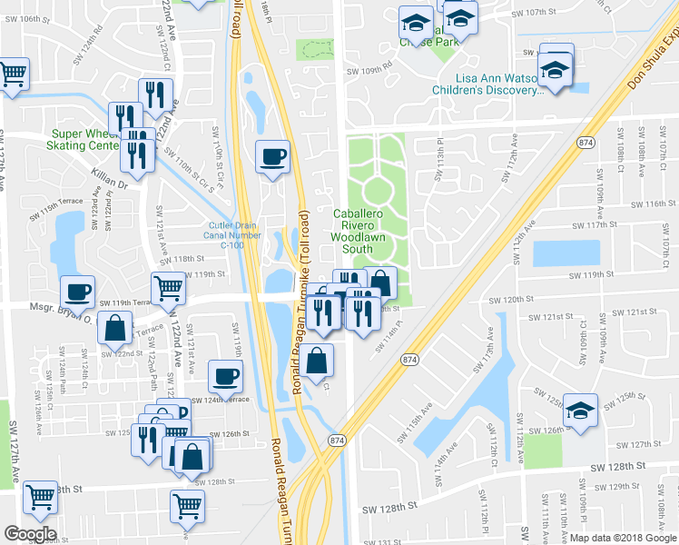 map of restaurants, bars, coffee shops, grocery stores, and more near 11921 Southwest 117th Court in Miami