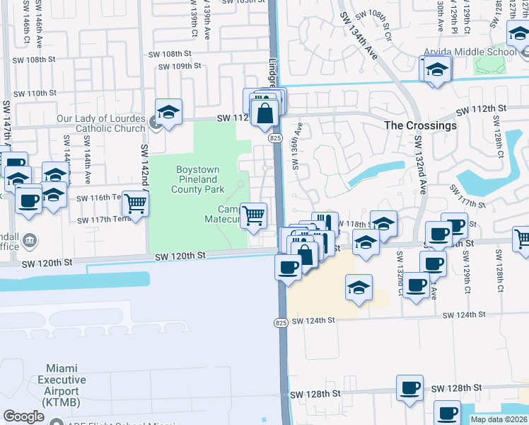 map of restaurants, bars, coffee shops, grocery stores, and more near 13752 Southwest 116th Lane in Miami