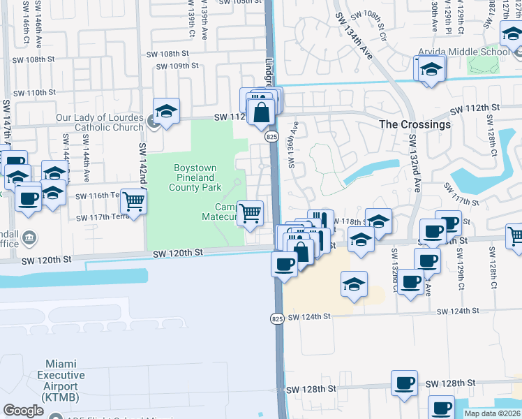map of restaurants, bars, coffee shops, grocery stores, and more near 13752 Southwest 116th Lane in Miami