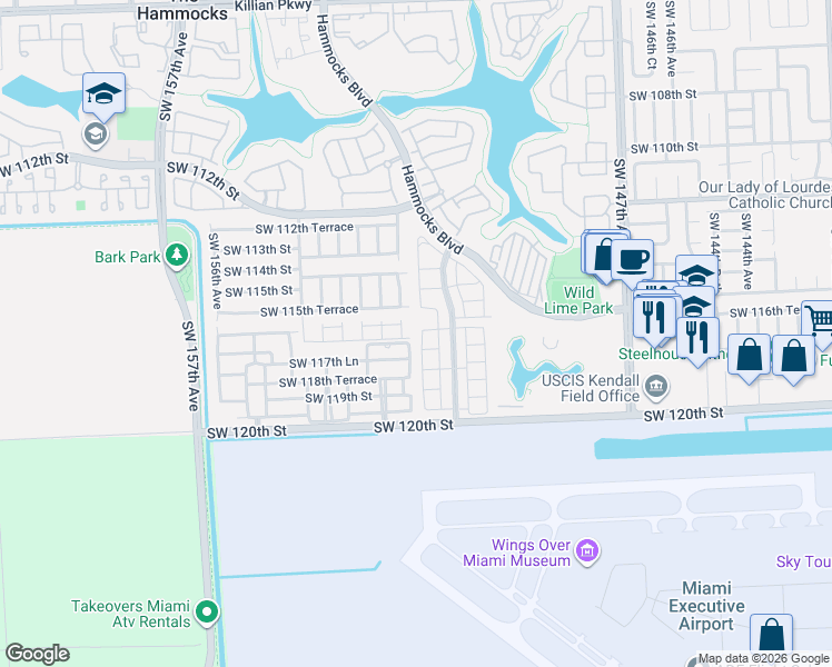 map of restaurants, bars, coffee shops, grocery stores, and more near 15222 Southwest 115th Terrace in Miami