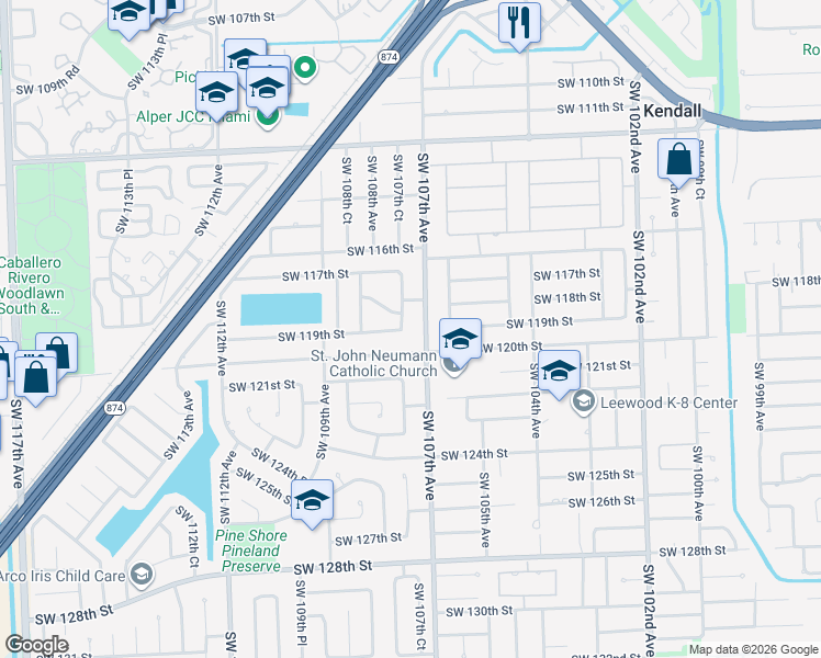 map of restaurants, bars, coffee shops, grocery stores, and more near 11762 Southwest 107th Court in Miami
