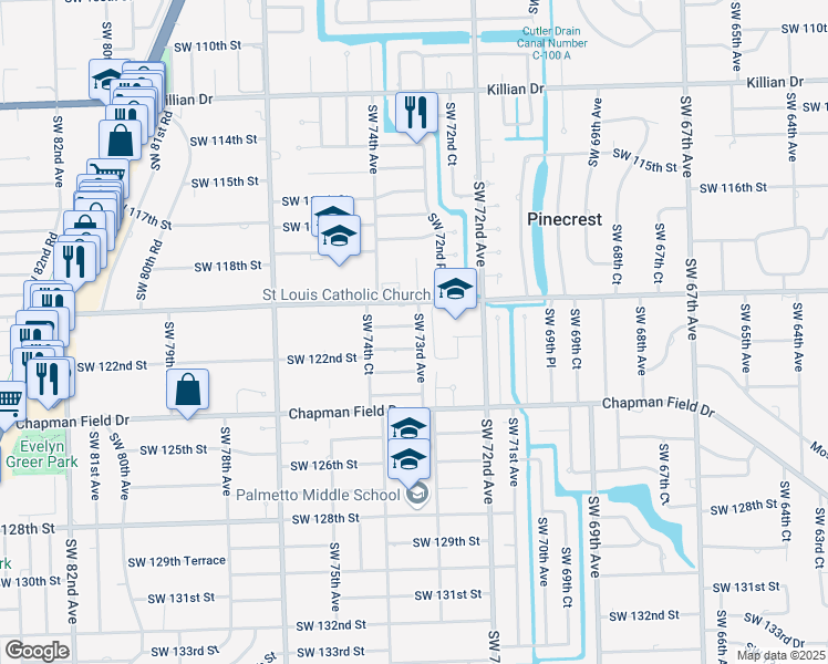 map of restaurants, bars, coffee shops, grocery stores, and more near 7300 Southwest 120th Street in Pinecrest