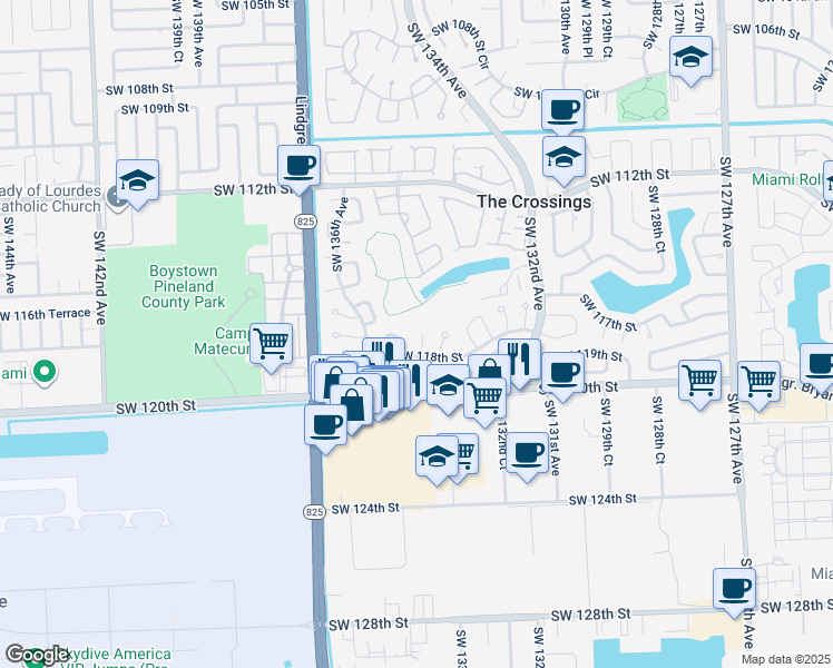 map of restaurants, bars, coffee shops, grocery stores, and more near 11756 Southwest 134th Place in Miami