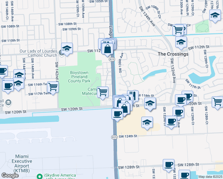 map of restaurants, bars, coffee shops, grocery stores, and more near 13752 Southwest 116th Lane in Miami