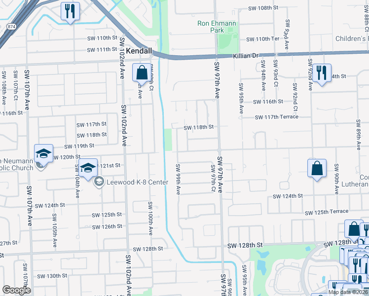 map of restaurants, bars, coffee shops, grocery stores, and more near 9820 Southwest 119th Street in Miami