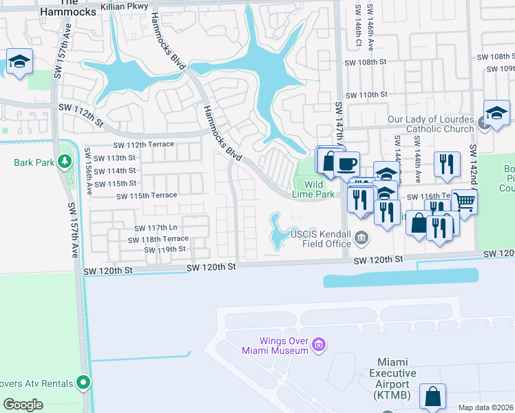 map of restaurants, bars, coffee shops, grocery stores, and more near 11623 Southwest 150th Place in Miami
