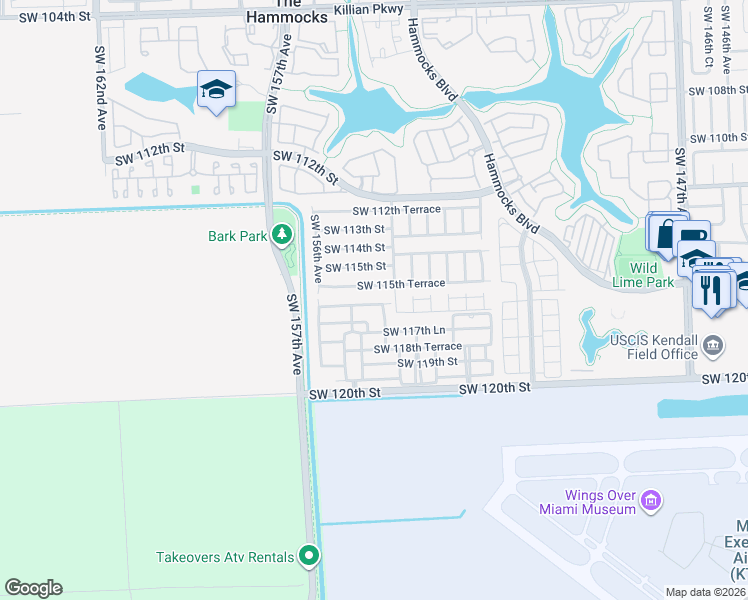 map of restaurants, bars, coffee shops, grocery stores, and more near 15420 Southwest 115th Terrace in Miami