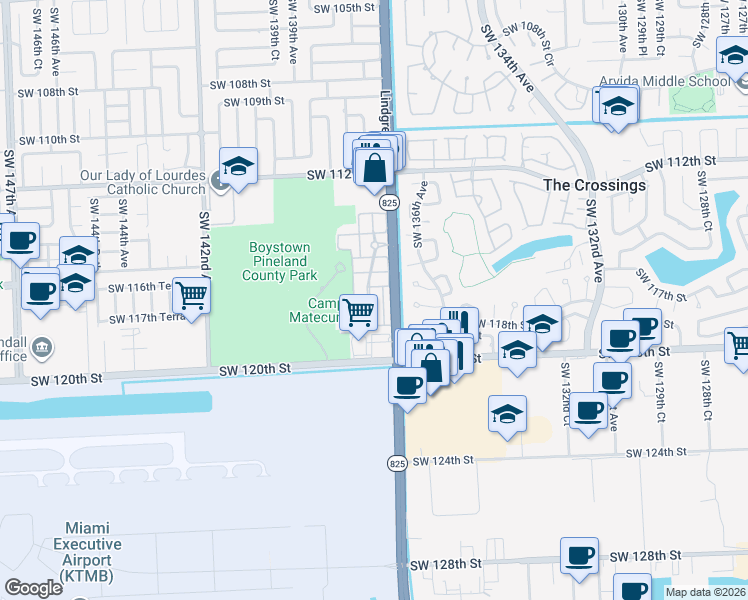 map of restaurants, bars, coffee shops, grocery stores, and more near 13752 Southwest 116th Lane in Miami