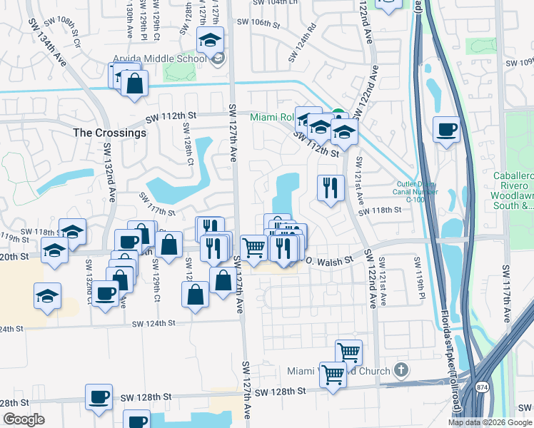 map of restaurants, bars, coffee shops, grocery stores, and more near 11809 Southwest 125th Court in Miami