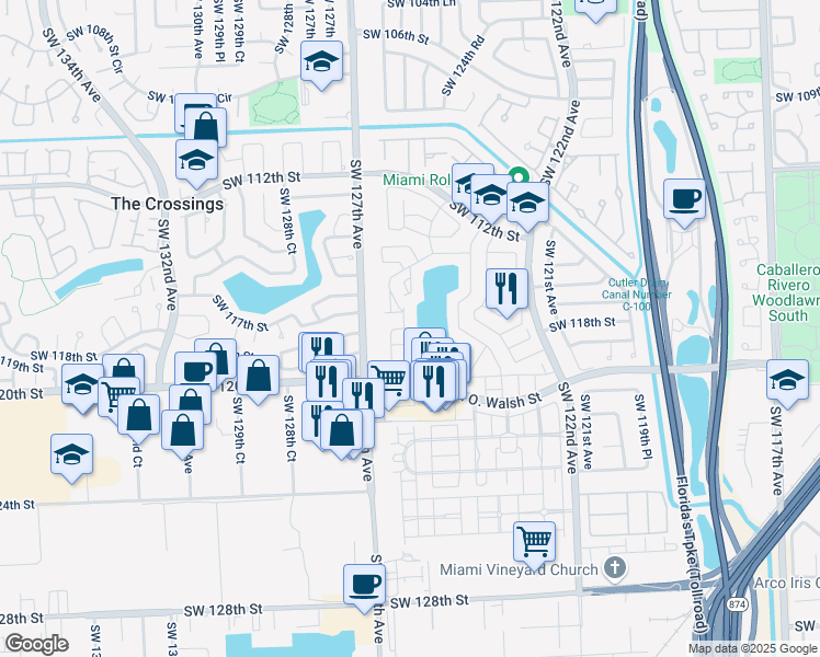 map of restaurants, bars, coffee shops, grocery stores, and more near 11809 Southwest 125th Court in Miami