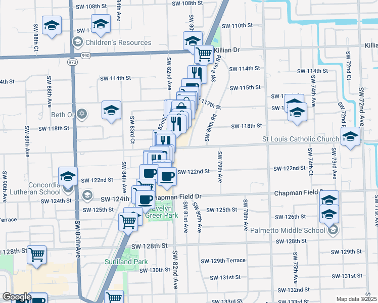 map of restaurants, bars, coffee shops, grocery stores, and more near 11942 Southwest 81st Road in Pinecrest