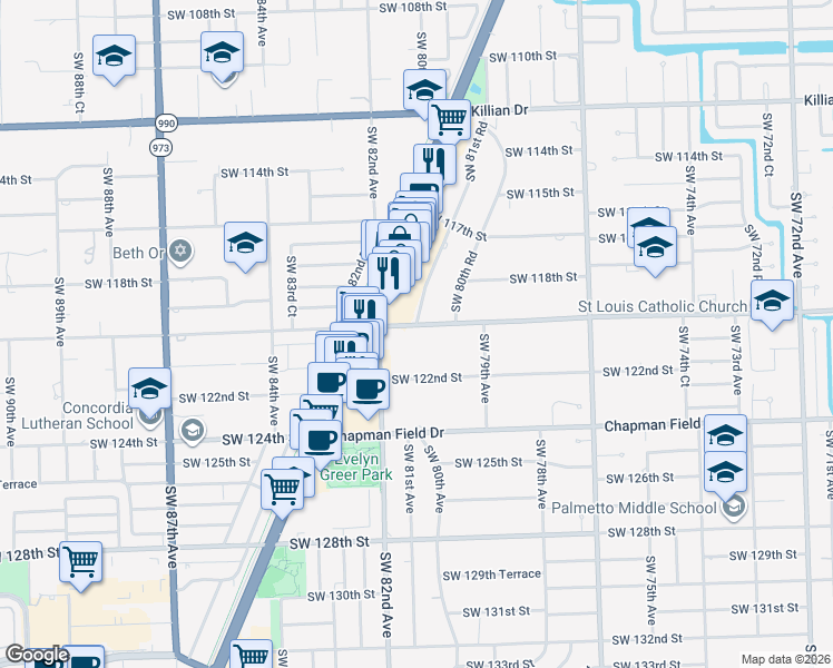 map of restaurants, bars, coffee shops, grocery stores, and more near 11942 Southwest 81st Road in Pinecrest