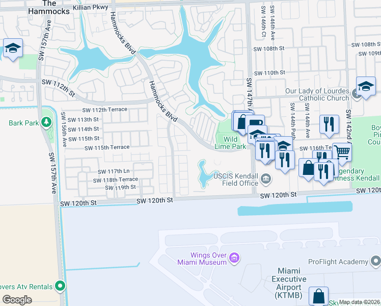 map of restaurants, bars, coffee shops, grocery stores, and more near 11587 Southwest 150th Place in Miami