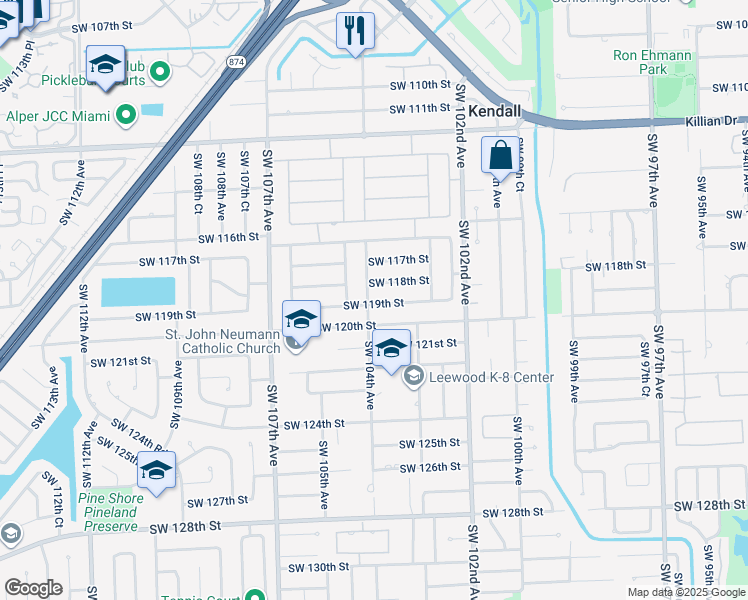 map of restaurants, bars, coffee shops, grocery stores, and more near 10351 Southwest 119th Street in Miami