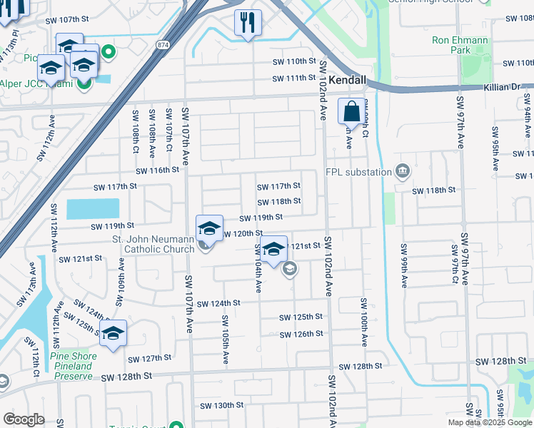 map of restaurants, bars, coffee shops, grocery stores, and more near 10351 Southwest 119th Street in Miami