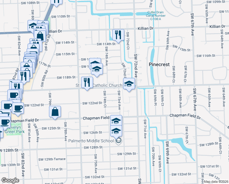 map of restaurants, bars, coffee shops, grocery stores, and more near 7300 Southwest 120th Street in Pinecrest