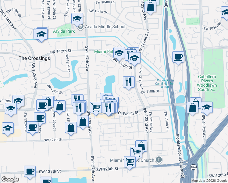 map of restaurants, bars, coffee shops, grocery stores, and more near 11650 Southwest 122nd Place in Miami