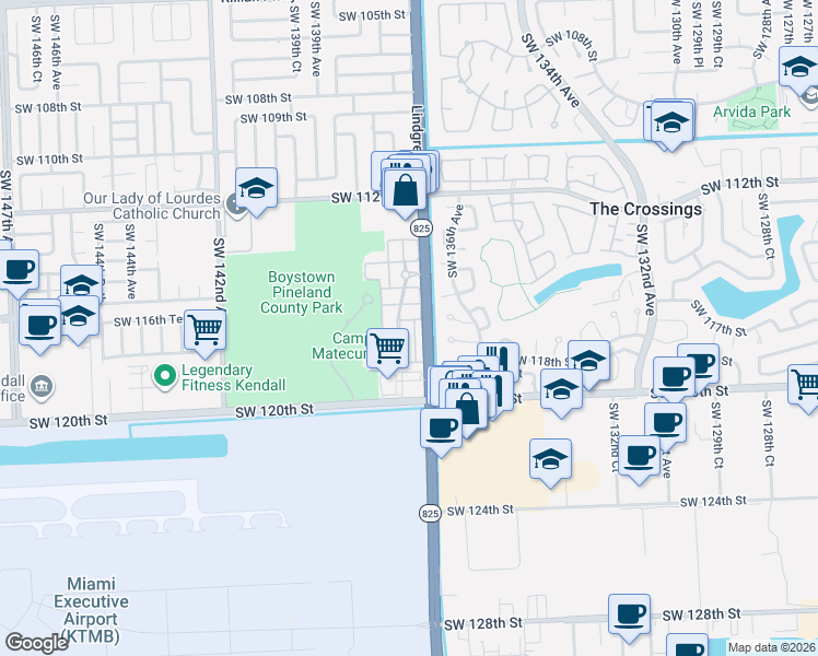 map of restaurants, bars, coffee shops, grocery stores, and more near 13752 Southwest 116th Lane in Miami