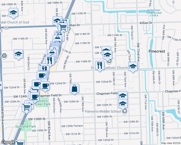 map of restaurants, bars, coffee shops, grocery stores, and more near 7700 Southwest 120th Street in Miami