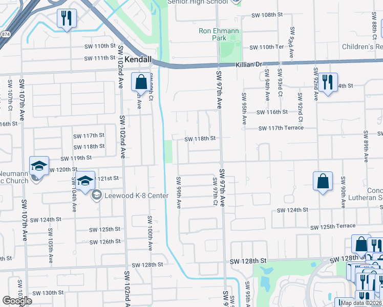 map of restaurants, bars, coffee shops, grocery stores, and more near 9820 Southwest 119th Street in Miami