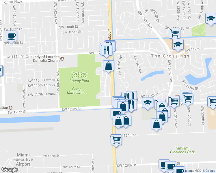map of restaurants, bars, coffee shops, grocery stores, and more near 13752 Southwest 116th Lane in Miami
