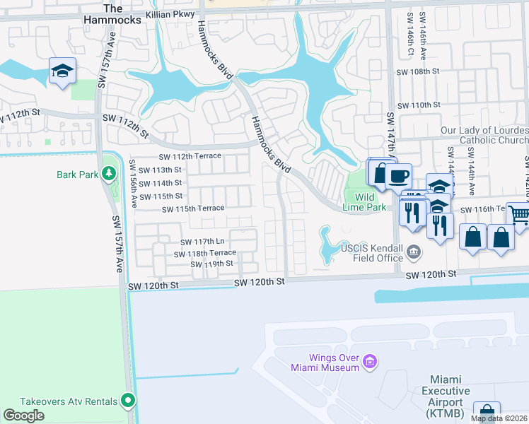 map of restaurants, bars, coffee shops, grocery stores, and more near 15222 Southwest 115th Terrace in Miami