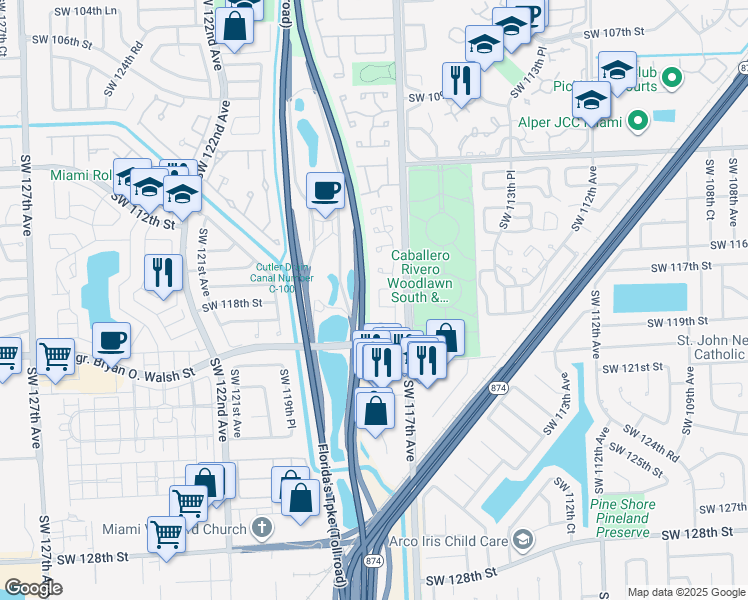 map of restaurants, bars, coffee shops, grocery stores, and more near 11826 SW 117th Pl in Miami