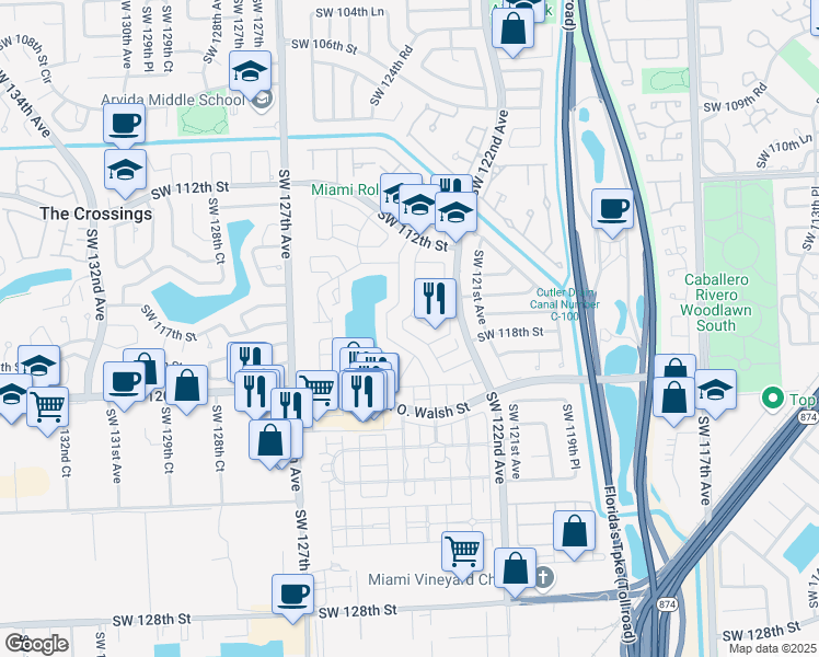 map of restaurants, bars, coffee shops, grocery stores, and more near 11725 Southwest 122nd Place in Miami