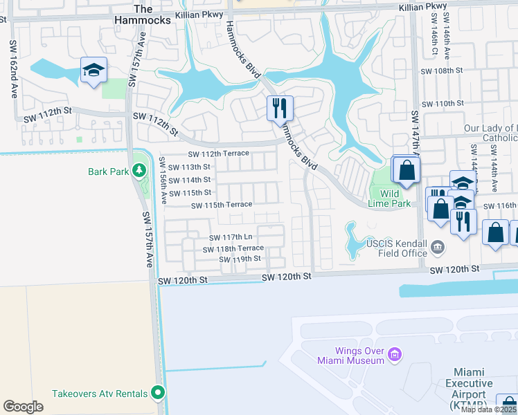 map of restaurants, bars, coffee shops, grocery stores, and more near 15286 Southwest 115th Terrace in Miami