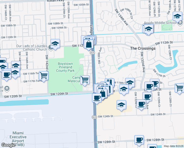 map of restaurants, bars, coffee shops, grocery stores, and more near 13752 Southwest 116th Lane in Miami