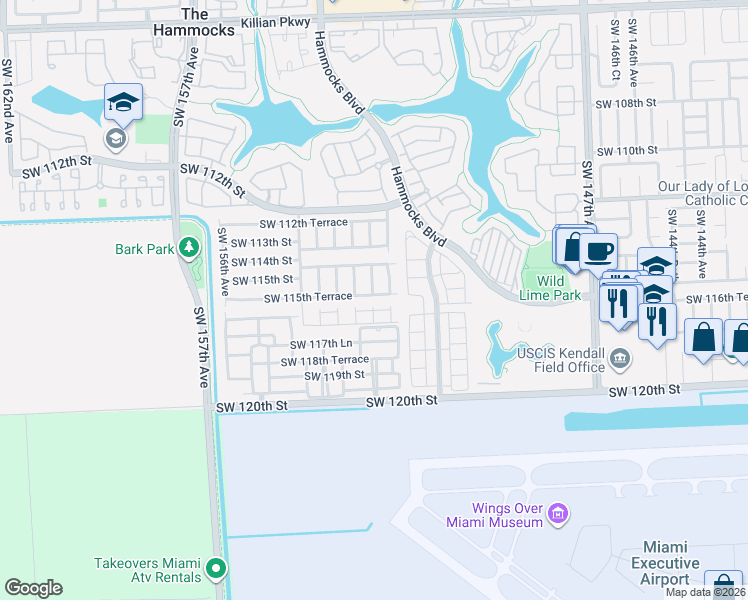map of restaurants, bars, coffee shops, grocery stores, and more near 15286 Southwest 115th Terrace in Miami