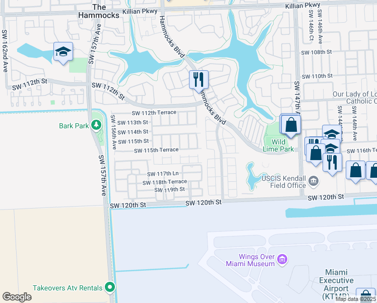 map of restaurants, bars, coffee shops, grocery stores, and more near 15286 Southwest 115th Terrace in Miami
