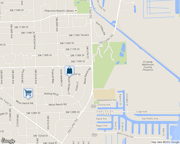 map of restaurants, bars, coffee shops, grocery stores, and more near 12000 Southwest 57th Avenue in Pinecrest