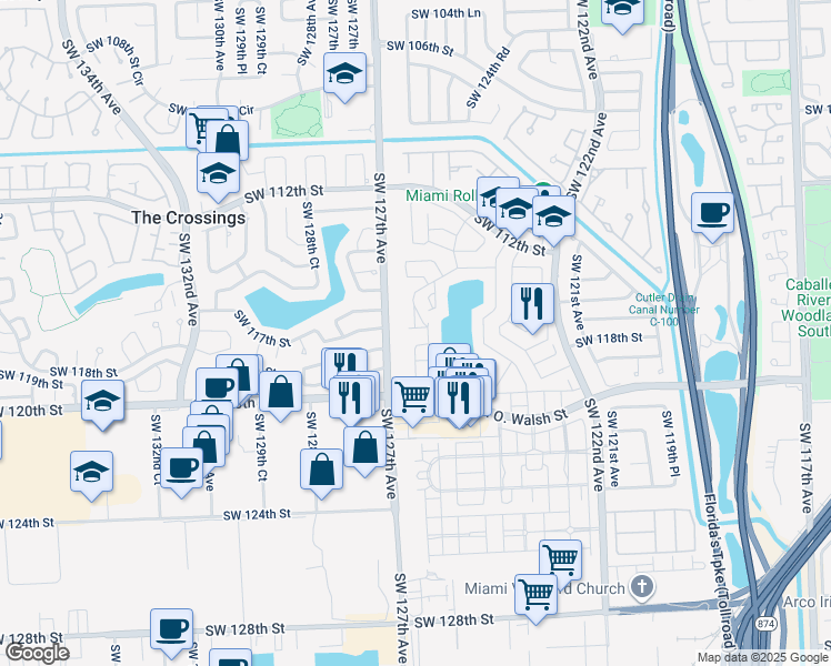map of restaurants, bars, coffee shops, grocery stores, and more near 12562 Southwest 117th Lane in Miami