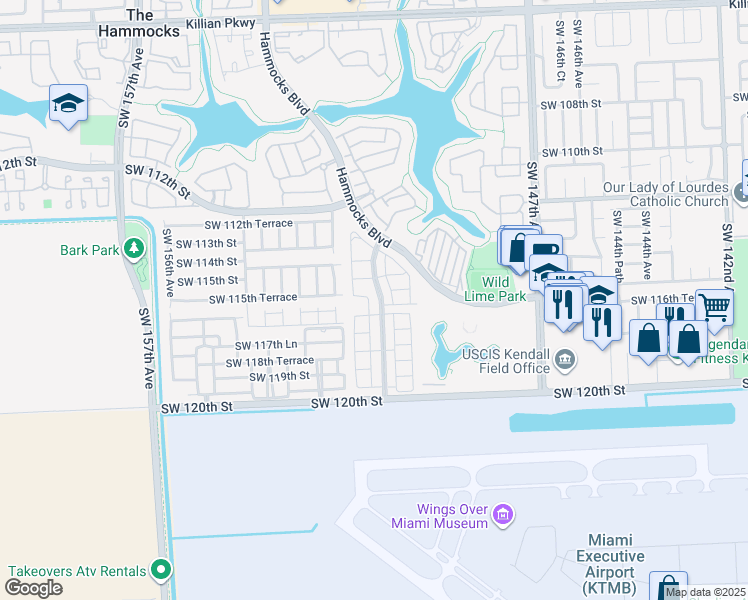 map of restaurants, bars, coffee shops, grocery stores, and more near 11541 Southwest 151st Place in Miami